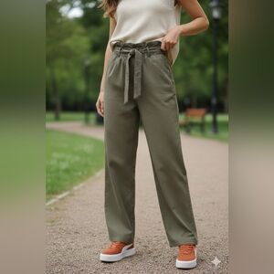 DO+BE💫Light Khaki GREEN Wide Leg Pants with TIE WAIST & FRONT POCKETS Sz M